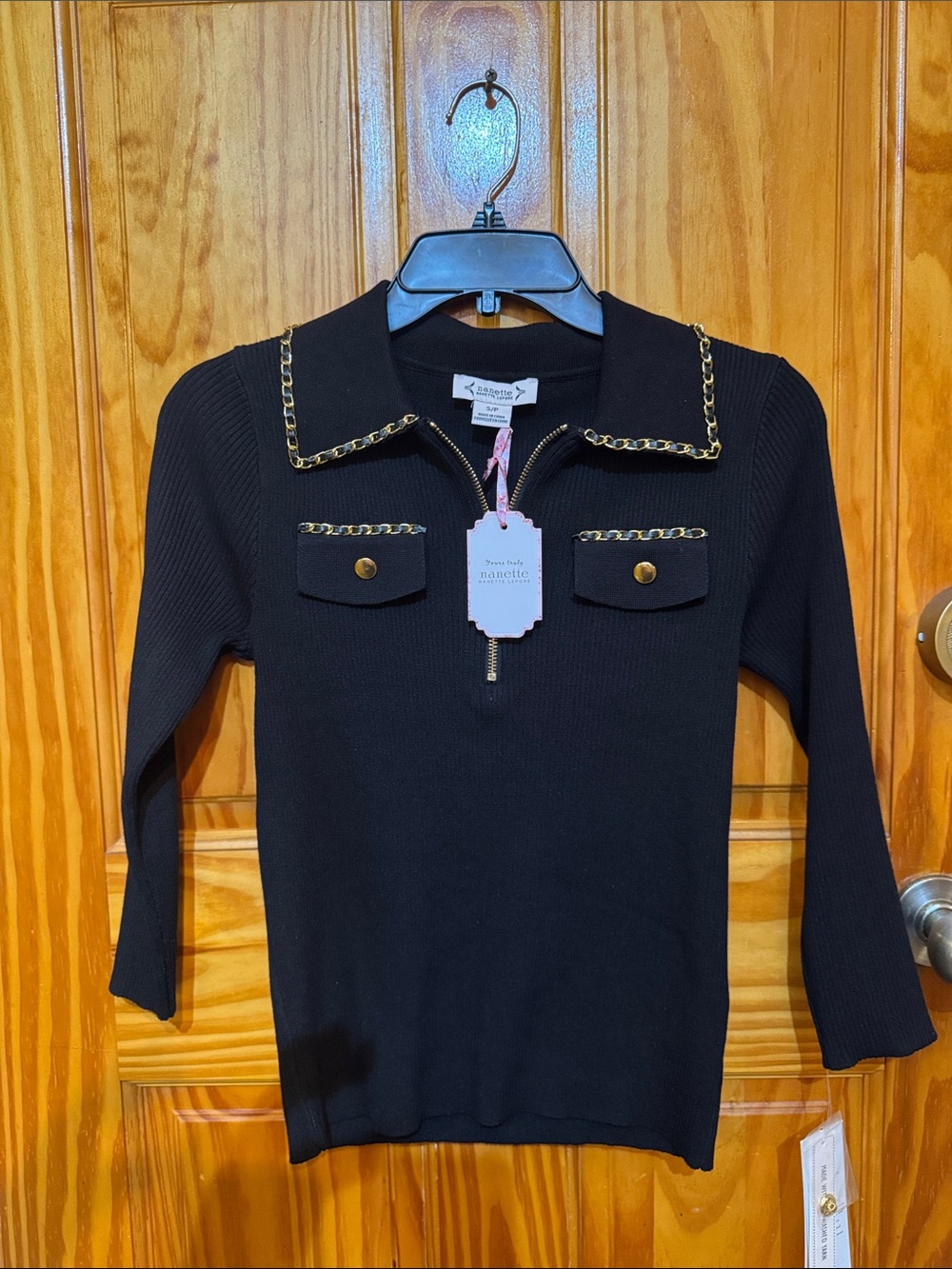 Nanette Lepore Black Knit Polo with Gold Chain Trim